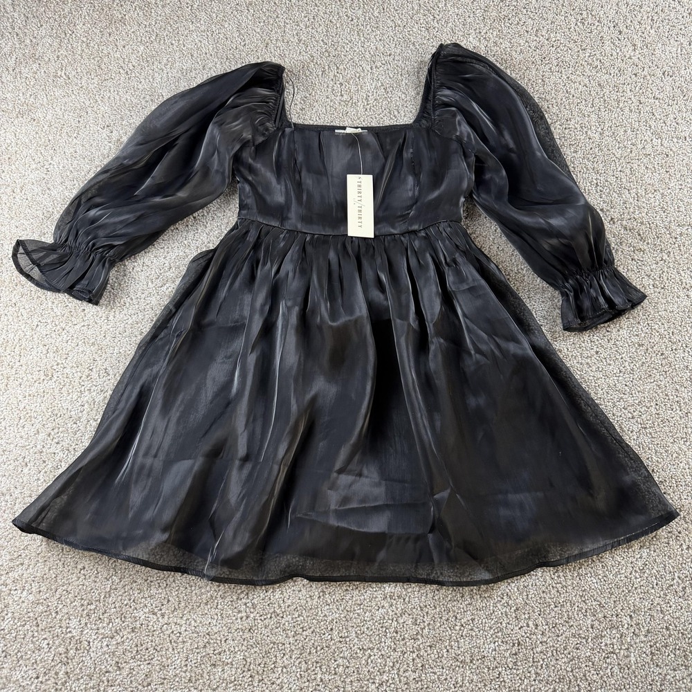 Thirty/Thirty LA Dress Womens Small Black Satin Puff Sleeve Square Neck Mini